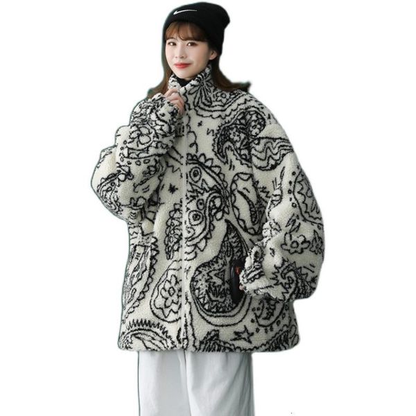 

2021 new winter tide lamb wool work done with male hip-hop loose couple cotton velvet white cargo jacket hgdn, Black