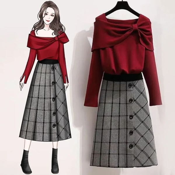 

plaid skirt suit women's large size autumn and winter bow knot one-line neck sweater high waist a-line skirt two-piece suit 220217, White