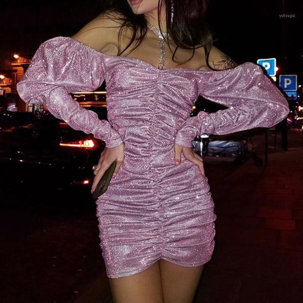 

off shoulder pleated bodycon mini dress women sequines cocktail party dresses long sleeve club wear luxury short vestidos1, White;black