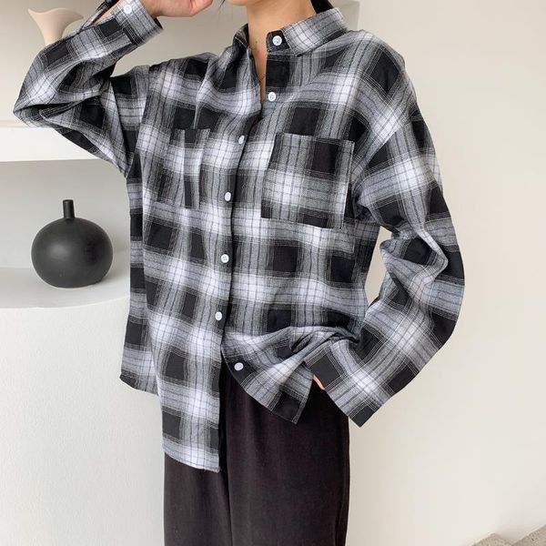 

women's blouses & shirts black oversize loose white womens style casual boy friend plaid with pockets turn down collar long sleeve blo