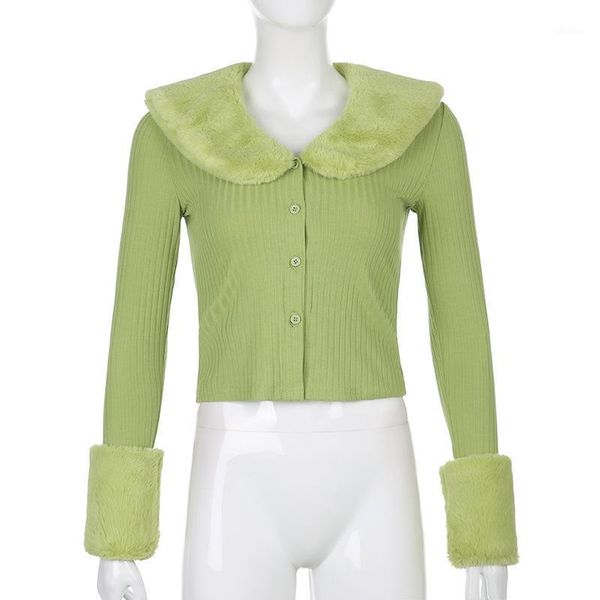 

women's knits & tees 2021 fashion women solid button up knitted cardigan with faux fur collar long sleeve sweaters casual warm winter c, White