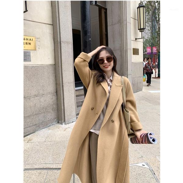 

coat ~ woolen coat women's middle school long 100 thread tsuen wool double faced cloth autumn and winter mn00191, Black