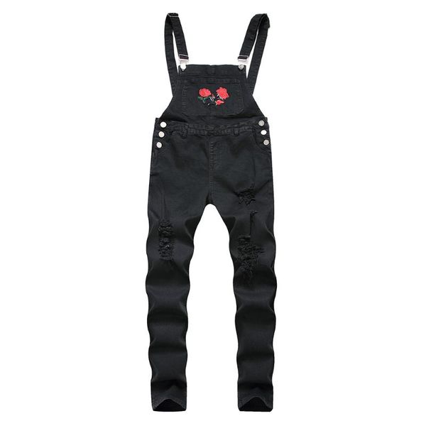 

men's jeans rose embroidery ripped black stretch denim slim bib overalls holes distressed destroyed coveralls jumpsuits, Blue