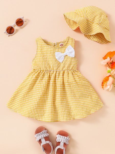 

baby gingham bow front dress & hat she01, Red;yellow