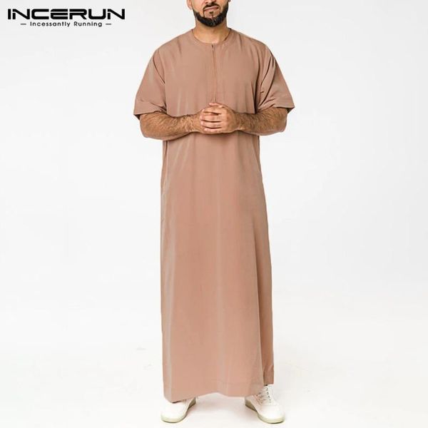 

incerun solid color men muslim islamic kaftan robes short sleeve o neck jubba thobe casual dubai saudi arabia abaya men clothes1, Red