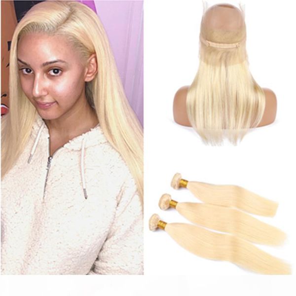 

malaysian blonde human hair weaves with 360 frontal closure #613 bleach blonde straight 360 full lace frontal pre plucked with 3bundles, Black;brown