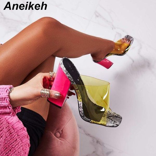 

aneikeh new pvc jelly sandals crystal open toed thin heels crystal women transparent heel sandals slippers pumps 41 42 y200423, Black