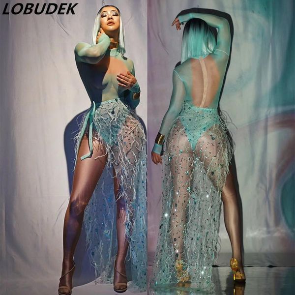 

stage wear see through tight-fitting bodysuit green sequins mesh long tail outfit women modern dancing costume bar dj singer, Black;red