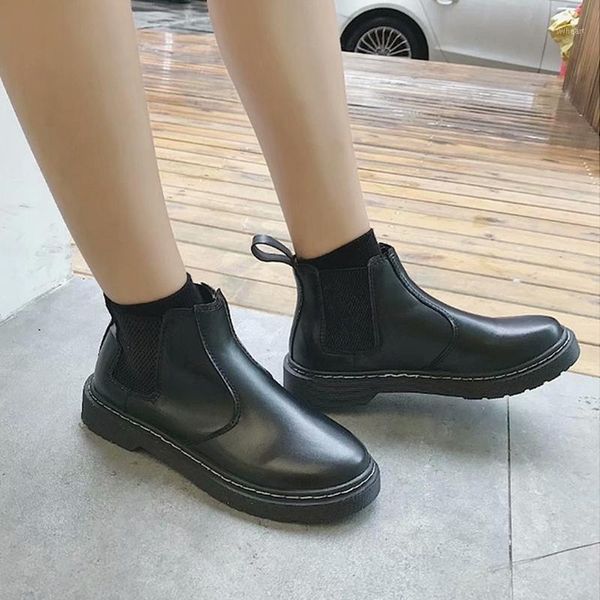 

boots ins black riding elastic slip on short booties solid muffins student pu leather shoes women round toe platform bottes1