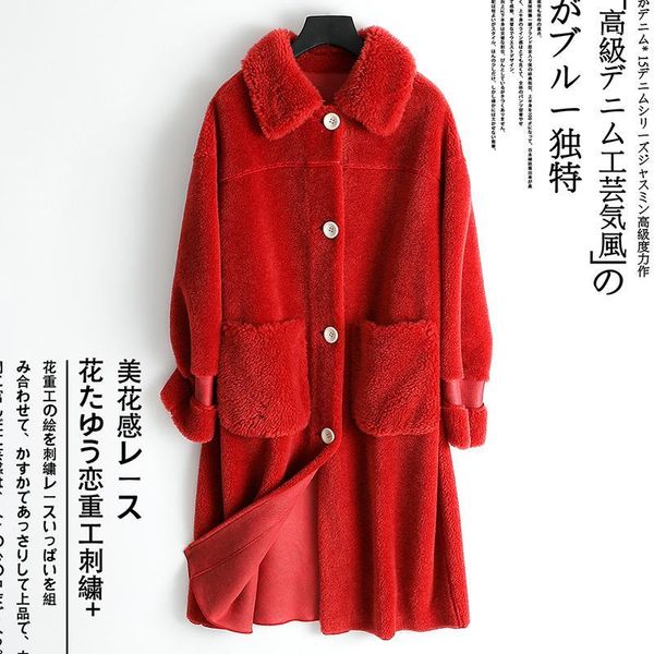 

tcyeek real fur coat female vintage long 100% sheep shearing jacket women clothes 2019 korean elegant woo coats hiver 0851, Black
