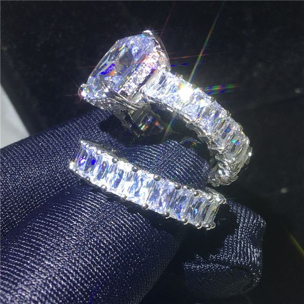 

925 vecalon silver vintage sterling ring princess sets cut cubic zirconia engagement wedding band rings for women men je, Slivery;golden