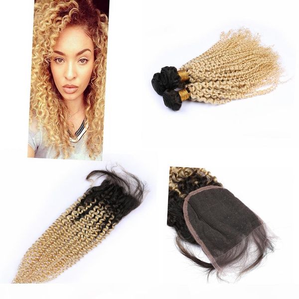 

ombre brazilian weave bundles with closure 4" * 4" dark root #613 #1b deep wave virgin wavy hair bundles with closure, Black;brown