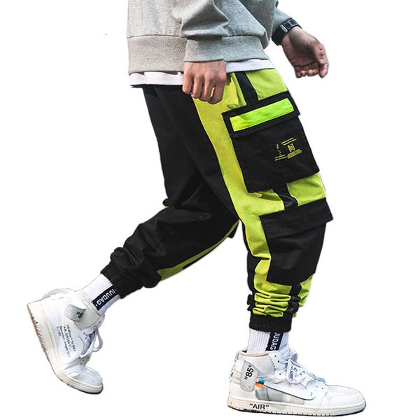 

nieuwe casual kleur latchwork elastische taille stijlvolle mannen joggers broke mode herfst safari stijl cargo brokewear, Black