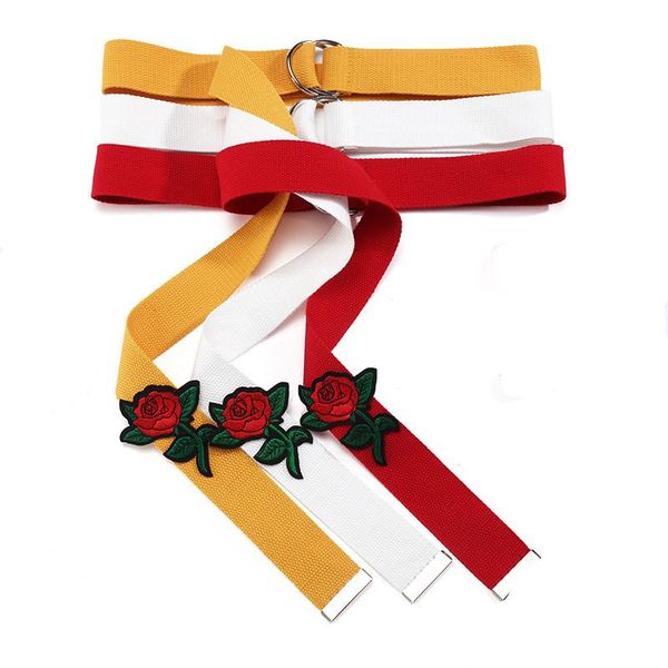 

belts fashion designe strap handmade embroidery cummerbunds flower canvas wide long belt metal double ring buckle lady dress, Black;brown