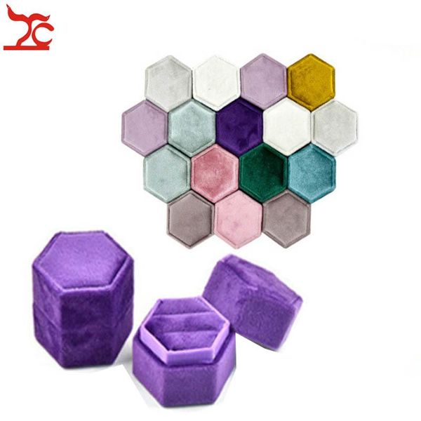 

vintage velvet ring box double slots wedding supplies engagement gift packaging display hexagon amazing shooting gift props, Pink;blue