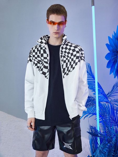 

men plaid print zip up high neck jacket y5fl#, Black;brown