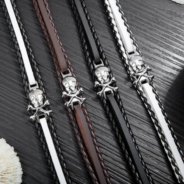 

tennis leather bracelet with skeleton cross , fit 18-21cm wrist, rebel heart style jewelry gift for men b136, Golden;silver