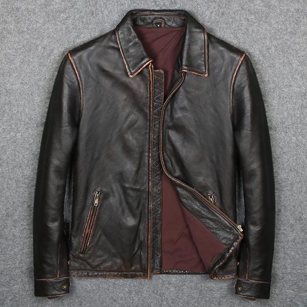 

vintage brand clothing men cow leather jackets,men's genuine leather biker jacket.casual homme fitness plus size, Black