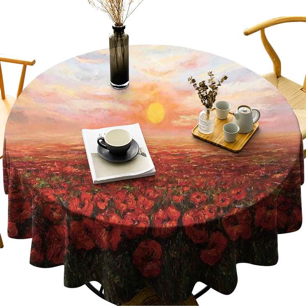 

wipeable round table cover wild opium poppy with petals field in front of sunset artistic picture
