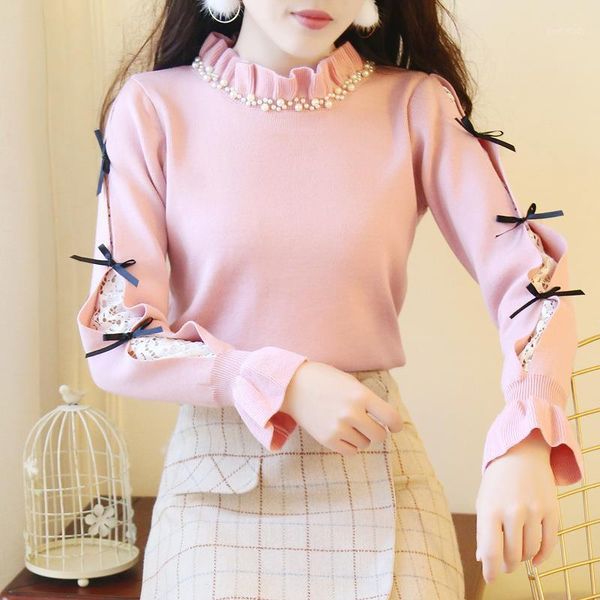 

women's sweaters women beading half turtleneck sweater bow lace patchwork tricot pullover knitwear japanese style cute knitted jumper1, White;black
