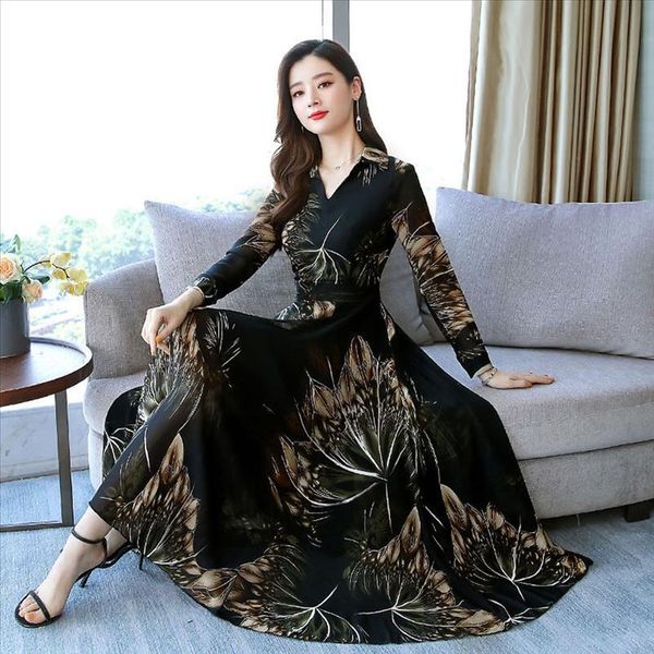 

women casual slim v neck floral print long sleeve party lace up long maxi a line striped summer dress plus size s, Black;gray