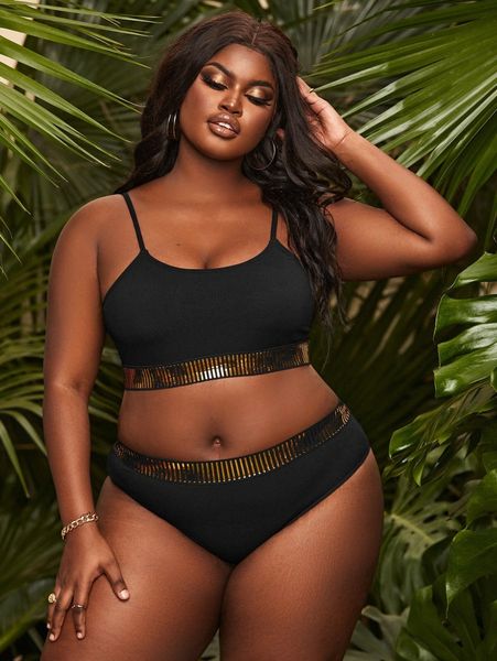 

plus contrast tape bikini swimsuit k6p1#, Black