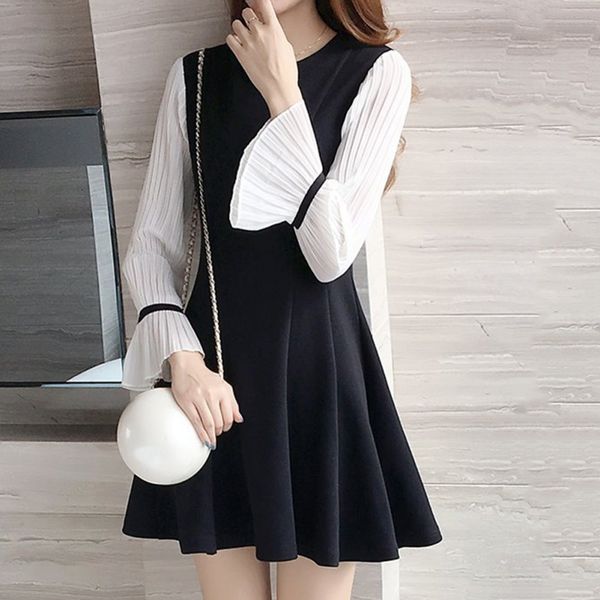 

fashion black white patchwork long sleeve office ladies casual mini es, Black;gray