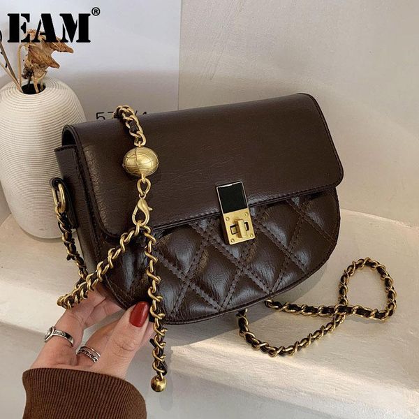 

cross body [eam] women saddle vintage chains pu leather flap personality all-match crossbody shoulder bag fashion tide 2021 18a1288