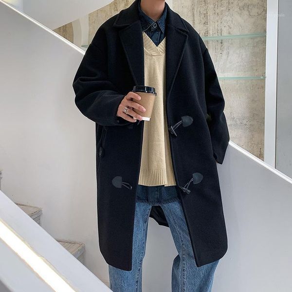 

winter new men pure color woolen coat loose and comfortable lapel clothes fashion horn button long jacket1, Black
