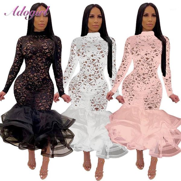 Casual Kleider Sexy Floral Organza Sheer Mesh Spitze Rüschen Patchwork Abend Party Kleid 2021 Langarm Mock Neck Meerjungfrau Club kleider1