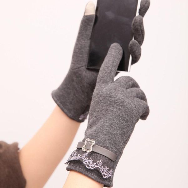 

women' winter warm motorcycle ski snowboard gloves ladies not fall velvet lace pu strap word flower touch screen gloves, Blue;gray