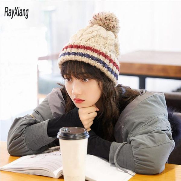 

beanie/skull caps hat ladies autumn/winter striped woolen thickened plus pompon ball head outdoor pattern knitted without eaves, Blue;gray