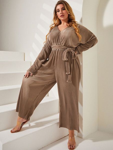 

sbetro plus plisse batwing sleeve belted wide leg jumpsuit t3ew#, Black