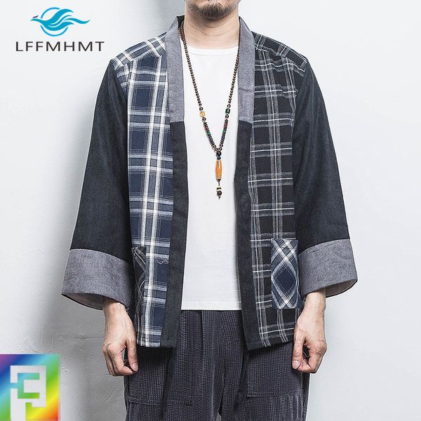 

7-point sleeve shirt men wear chinese style stitching contrast color plaid cardigan han suit oversized daopao stand collar loose c1211, White;black