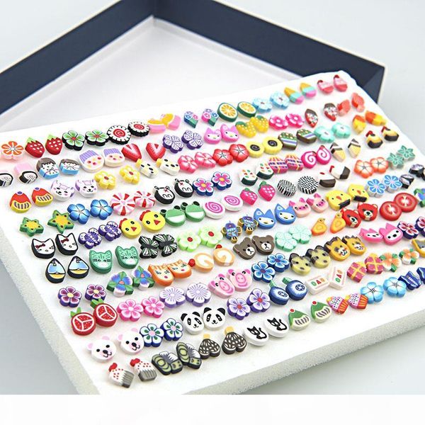 

wholesale 100 pairs set handmade plant fruit stud earrings sets mix girl kids minimalist jewelry flower polymer clay earrings gift, Golden;silver
