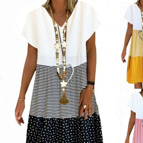 

plus size 2021 fashion women dress short sleeve dress print patchwork knee length dress ladies summer casual, Black;gray