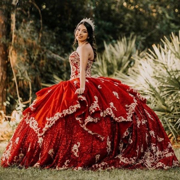 Bling Burgundy Sequin Clace Applique Quinceanera Платья на шнуровке Корсет Сладкие 15 Пагновенные платья Плюс Размер Vestidos de XV Años