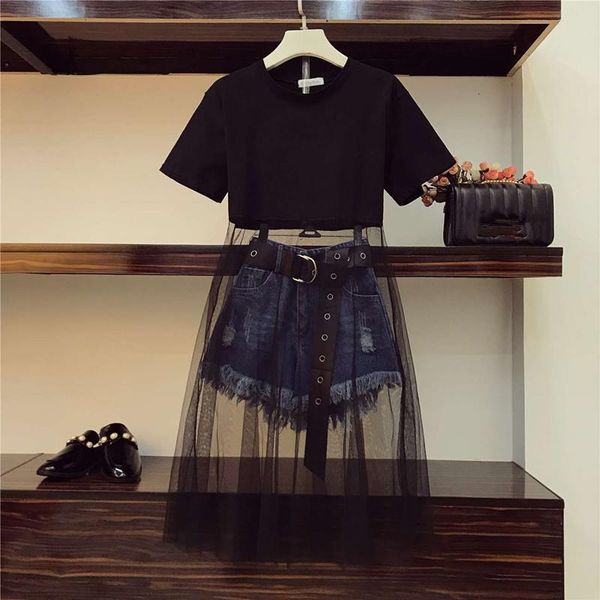 

quality 2020 summer women mesh patchwork black long t-shirt tassel denim shorts 2 piece sets with belt, Gray