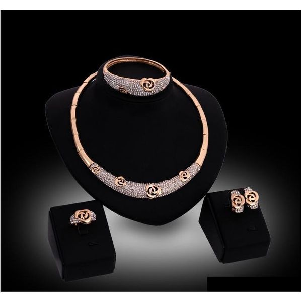 

rings earrings neclaces bangles statement sets fashion women rhinestone 18k gold plated alloy hollow out rose wedding jewelry sets g2kdb, Slivery;golden