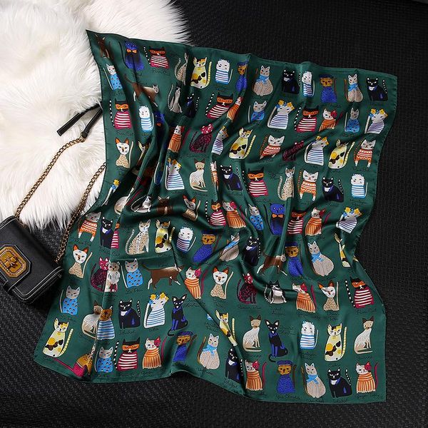 

scarves 90*90cm 2021 designer women's white green animal print square neck scarf neckerchief women silk satin cat scarfs for ladies, Blue;gray