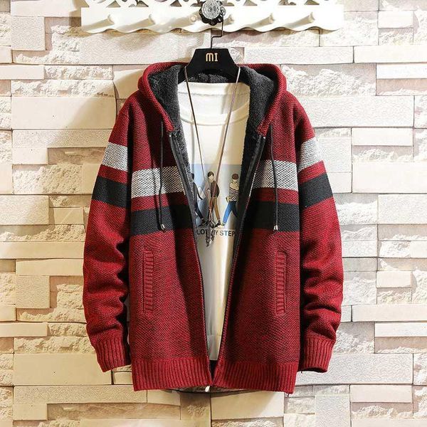 

men velvet thicker winter sweater casual stripes coat korean version body cap jacket sweater coat with hat hair inside1, White;black