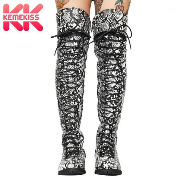 

boots kemekiss leopard women over knee flats cross strap zipper shoes round toe winter fashion lady footwear size 35-431, Black