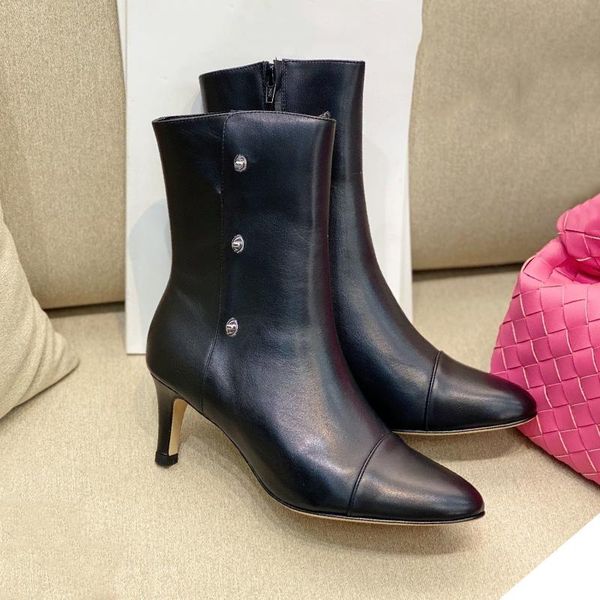 

pointed toe high heels boots spring brand design ankle zip women shoes luxury female boots 6.5cm, Black