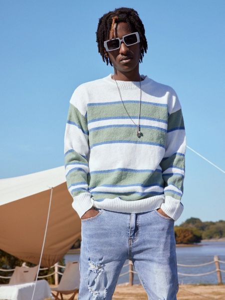 

romwe guys striped pattern sweater u2pl#, White;black