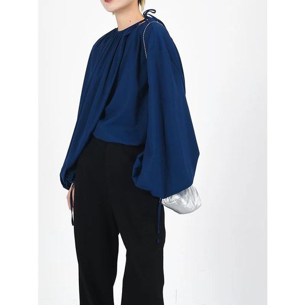 

12.9 2021 early spring new designer fashion solid color lantern sleeve ruched shirt women temperament detachable blouse, White