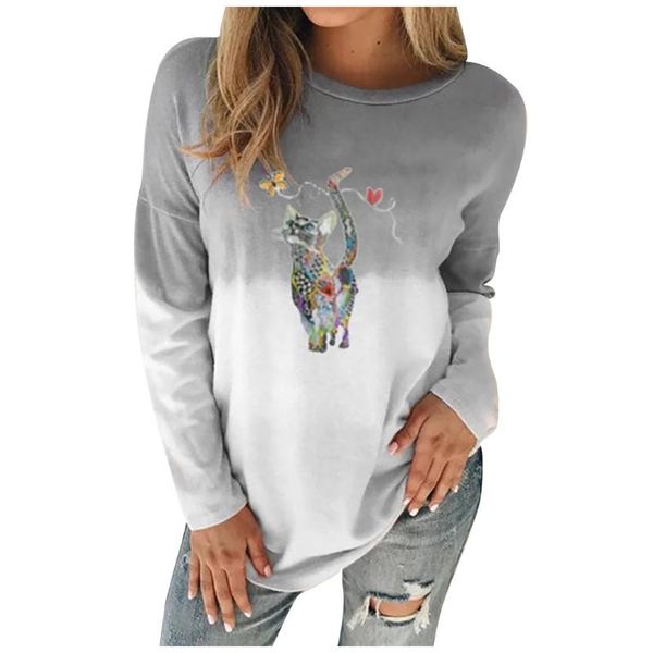 

ladies color cat butterfly print long sleeve casual hoodiesweater women o-neck cat loose long sleeves gradient sweatshirt, Black