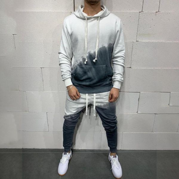 

men's tracksuits two pieces sports wear casual autumn spring long sleeve hoodies pullovers lace-up sweatpants men gradient sets, Gray