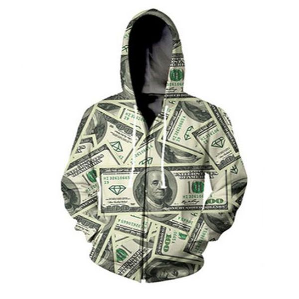 

100 dollar 3d print causal clothing new fashion men women zipper hoodies hk05