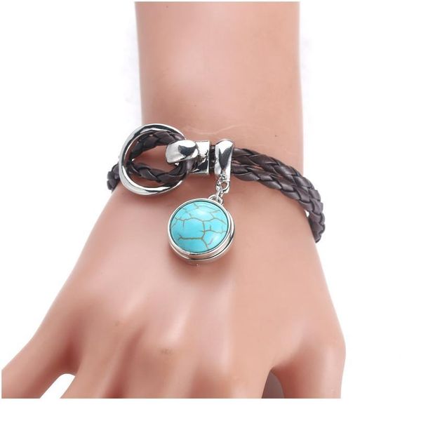 

brown snap leather bracelet retro handmade braided leather snap button bracelet bangles fit 18mm snap jewe bbywon, Golden;silver