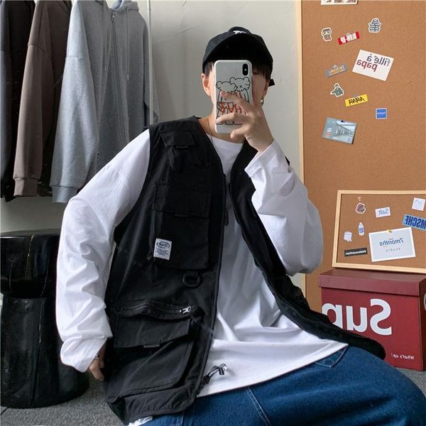 

korean retro vest casual sleeveless loose pocket plus size vest streetwear autumn jaqueta masculina men clothing de50mbx, Black;white